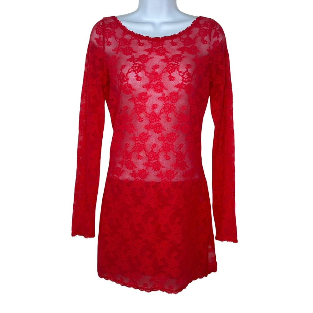 Victoria's Secret Lace Chemise Set Mini Medium Red Open Back L/S Lingerie SEXY